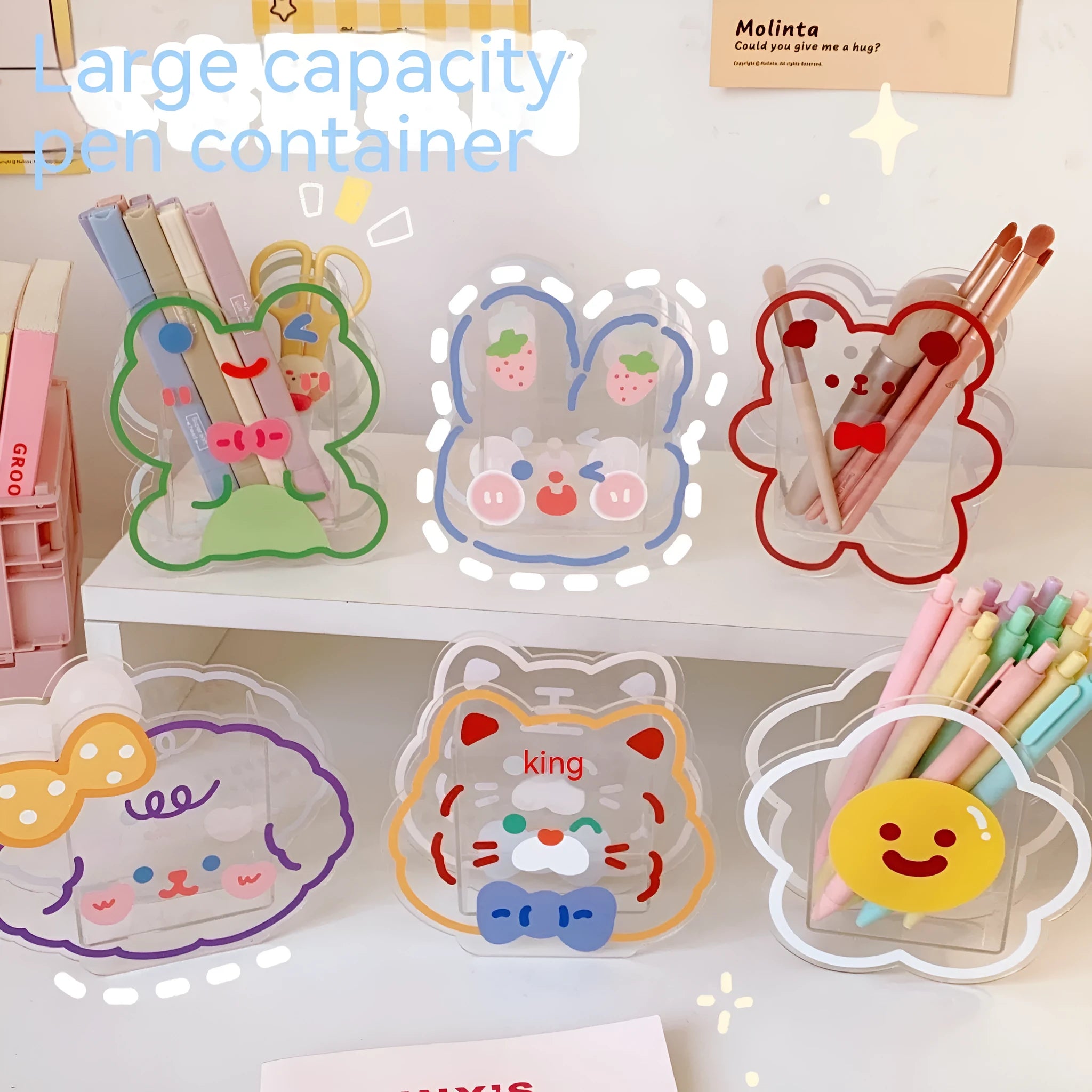Square clear acrylic stationery storage box with cartoon design options including strawberry rabbit and poached egg