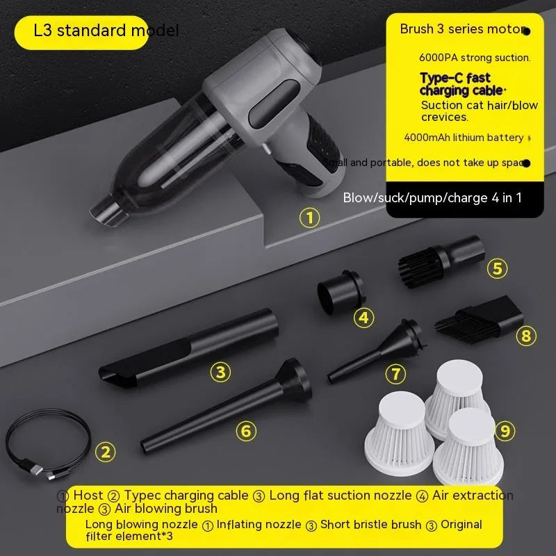 Black cordless handheld car vacuum cleaner with attachments on a grey car seat.