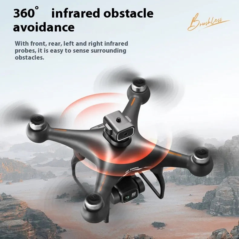 Black brushless UAV toy drone with four-side obstacle avoidance and a camera, remote controller beside it.