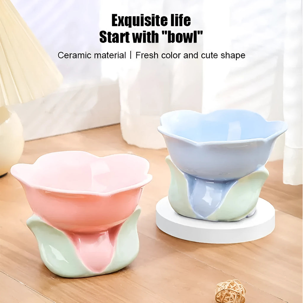 Ceramic raised pet bowl with floral pattern and non-slip base for cats and small dogs