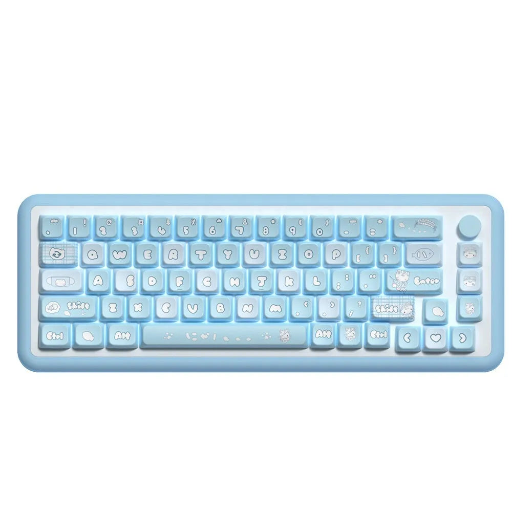 Custom watercolour kitten design PBT keycap set for mechanical keyboards, showing 138-key or 158-key full layout.
