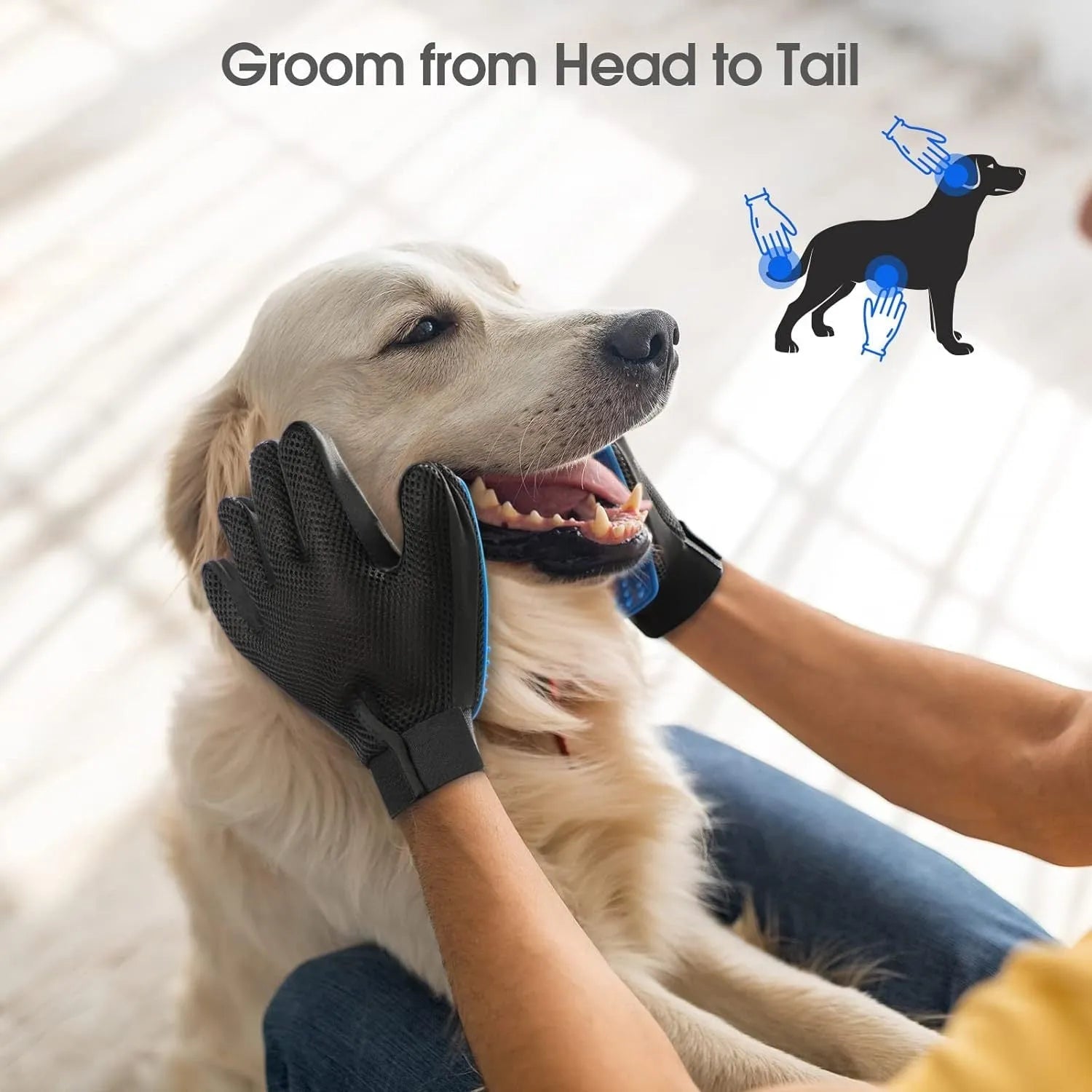 Blue pet grooming gloves with silicone tips for removing loose hair from dogs cats and horses