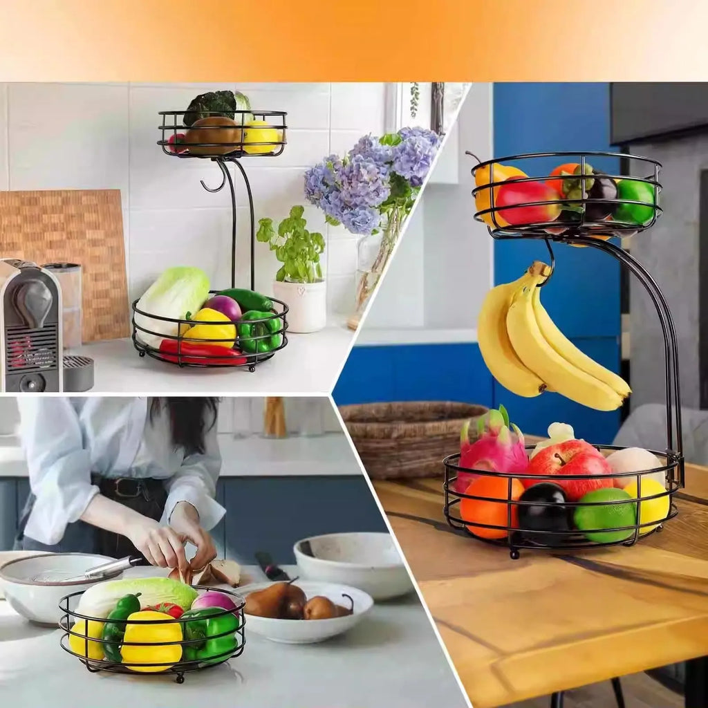 Double-layer black and gold wrought iron fruit basket for kitchen or restaurant storage.
