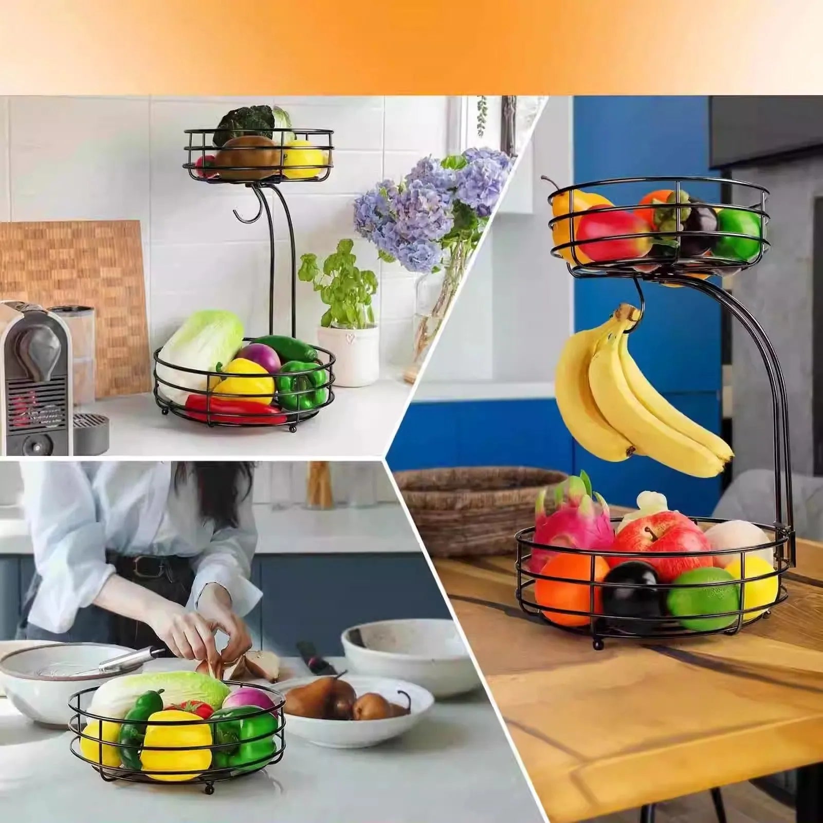 Double-layer black and gold wrought iron fruit basket for kitchen or restaurant storage.