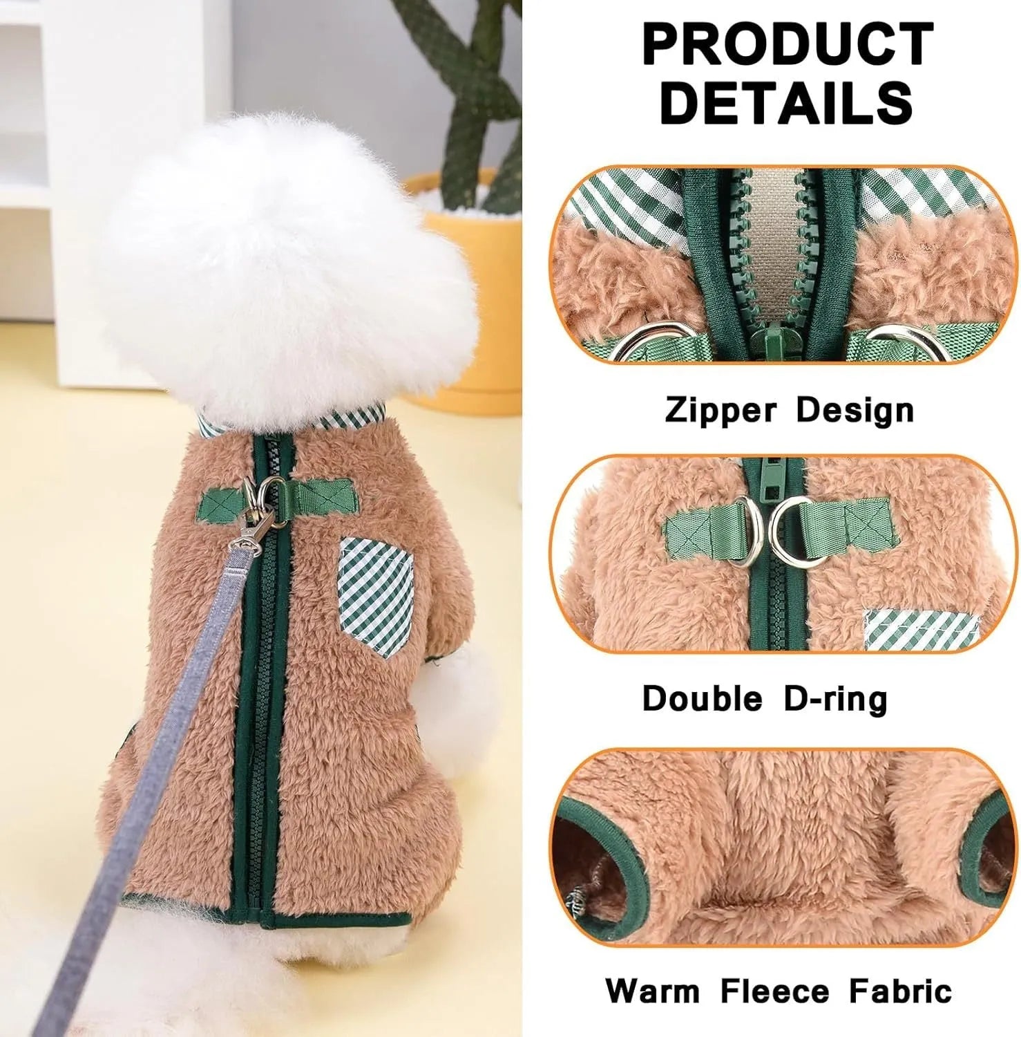 Small dog wearing a green fleece thermal jumpsuit coat with four legs and back zip closure.