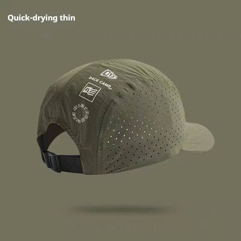 Men's adjustable baseball cap in acrylic mesh fabric shown in black, suitable for summer sun protection.