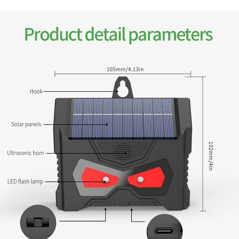 Black animal-shaped solar ultrasonic pest repeller for outdoor use.