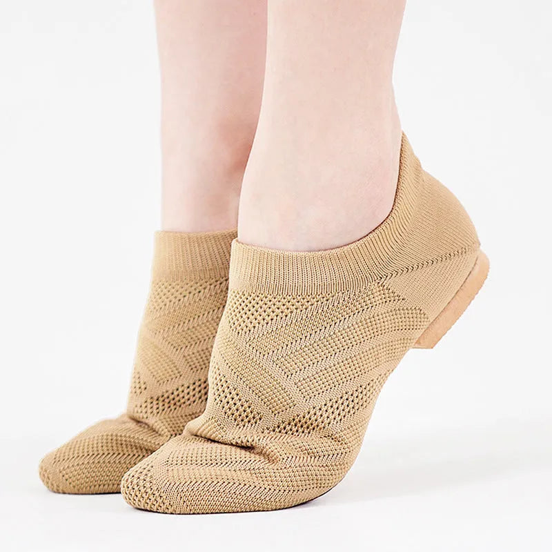 Camel coloured Latin dance shoes with cotton and mesh uppers and leather soles