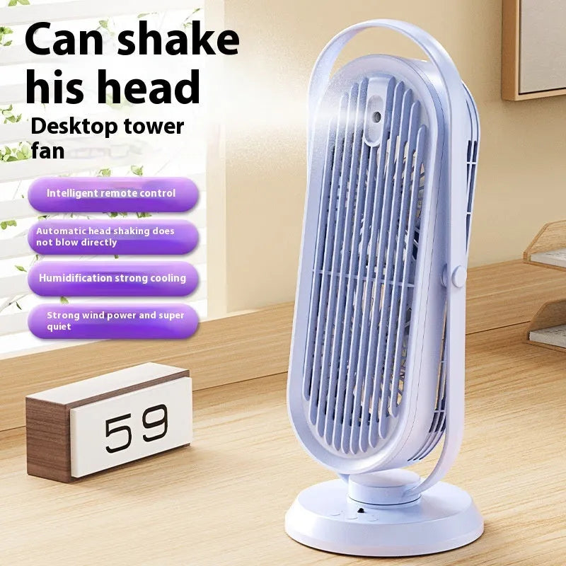 Desktop USB tower fan with remote control and humidifier spray function in dark blue colour.