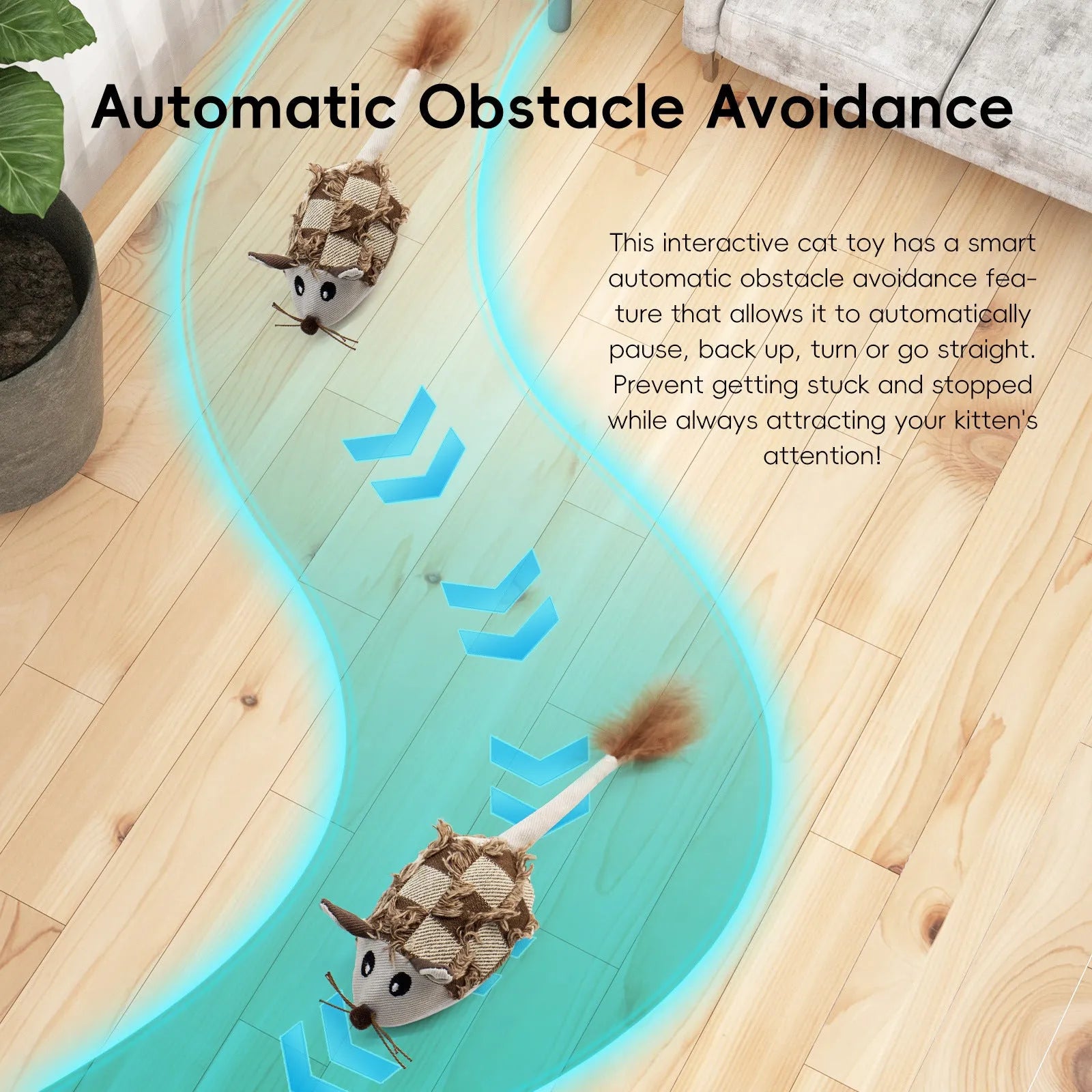 Electronic motion cat toy with mouse design and feather component in blue colour