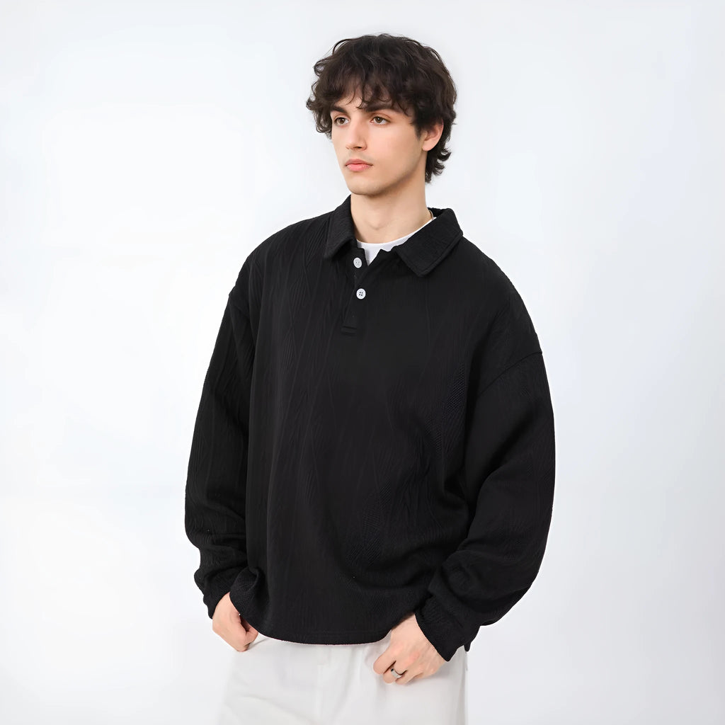 Men's texture jacquard lapel sweater in black or creamy-white, loose autumn pullover, sizes M to XXL