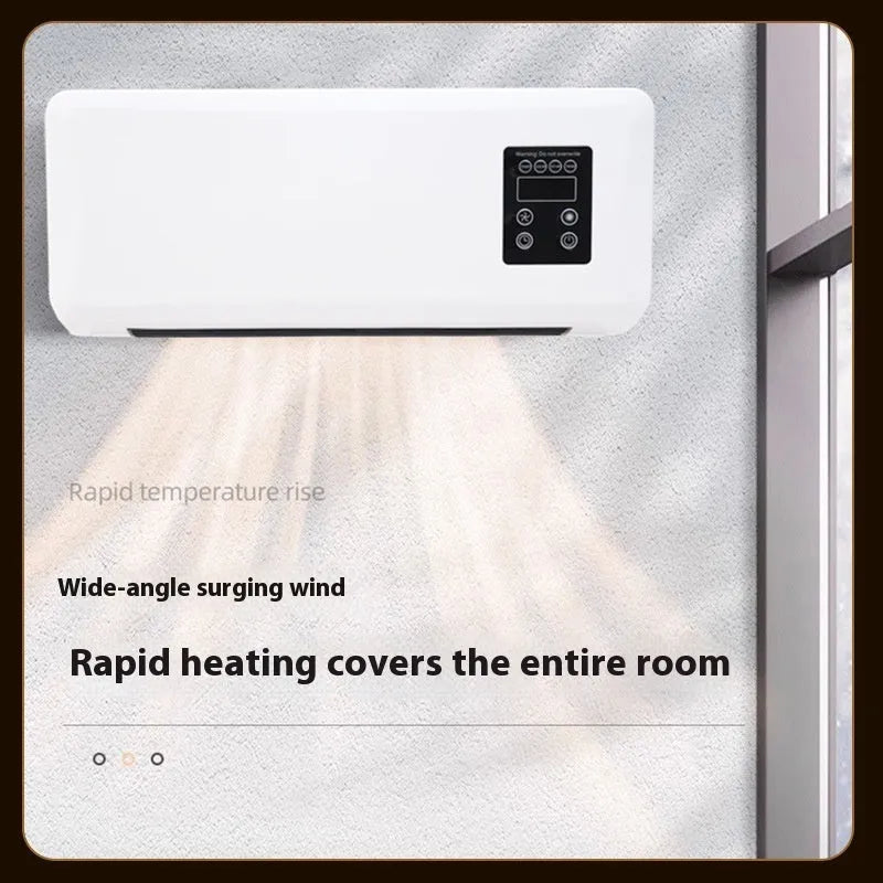 White wall-mounted warm air blower bathroom heater with digital temperature control, 42x18x12cm