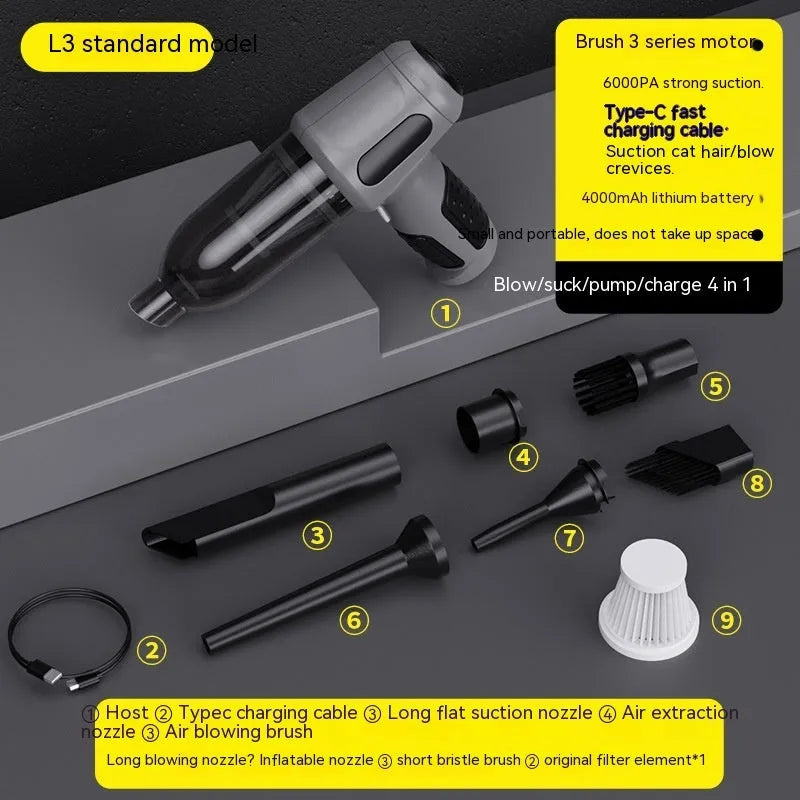 Black cordless handheld car vacuum cleaner with attachments on a grey car seat.