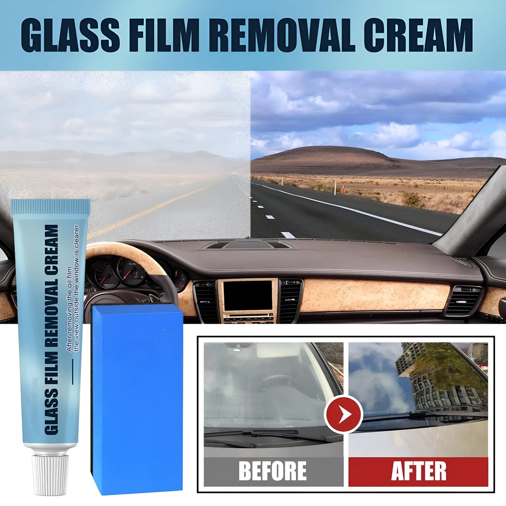 Blue car glass oil film remover pot and soft sponge applicator for cleaning windshields and windows.