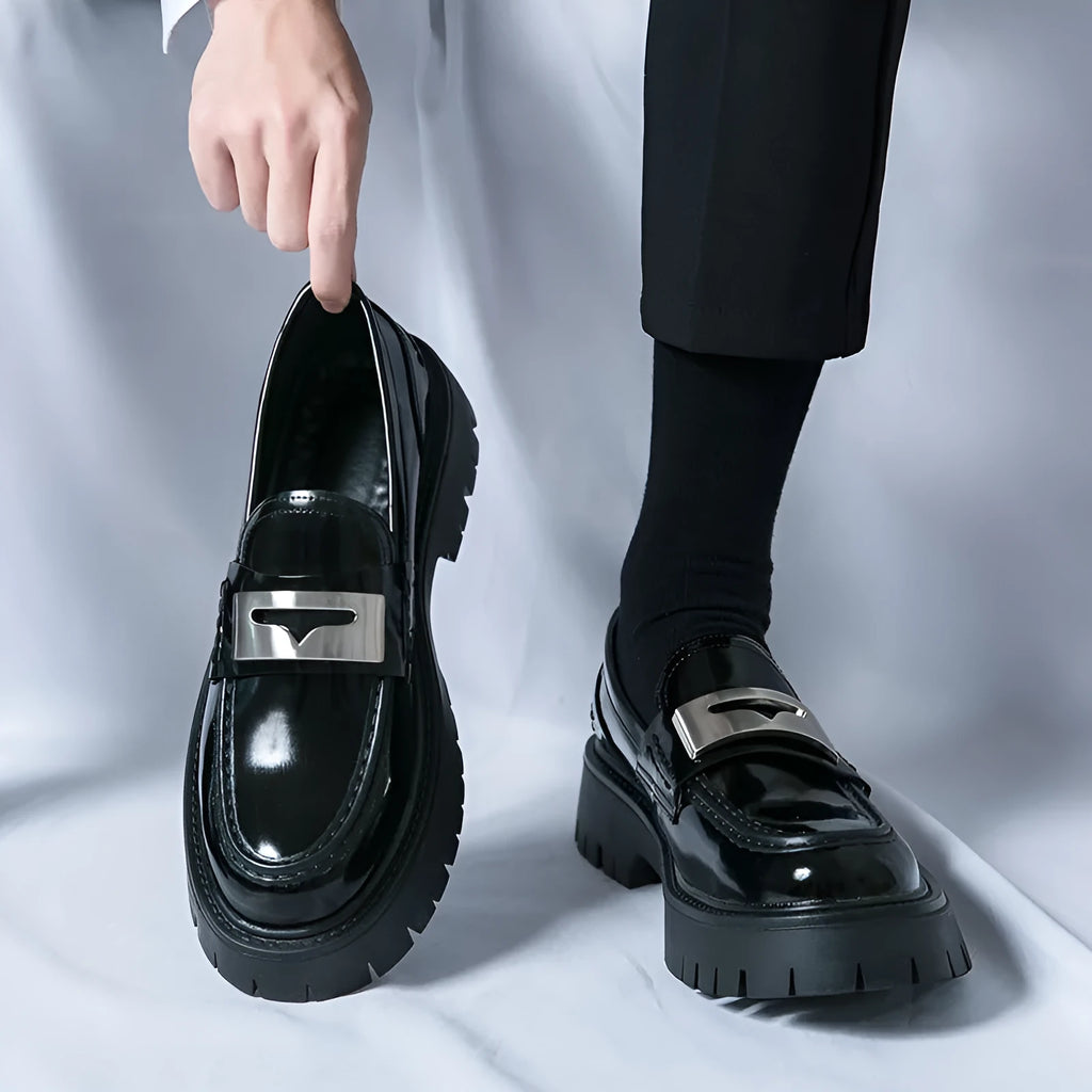 Men's glossy black PU leather slip-on loafers with a low platform heel for summer.