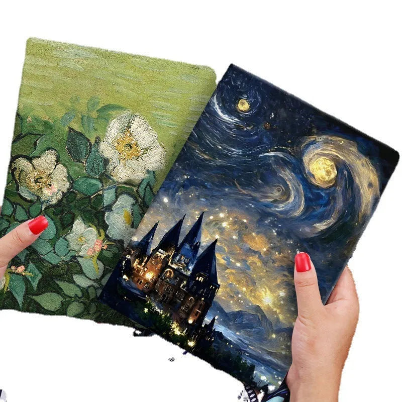 Handmade liquid silicone flip case for iPad with floral design artwork on the cover.