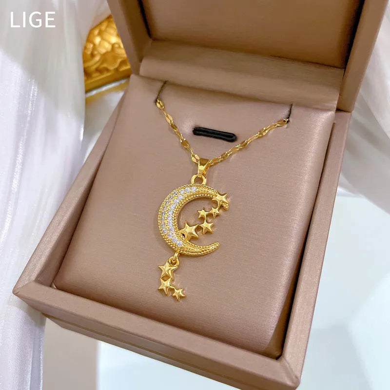 Stainless steel necklace with a copper moon pendant featuring a full diamond pattern design.