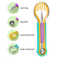 3-in-1 fruit carving knife set with melon baller, V-shaped carver, and scoop nested together on a kitchen counter