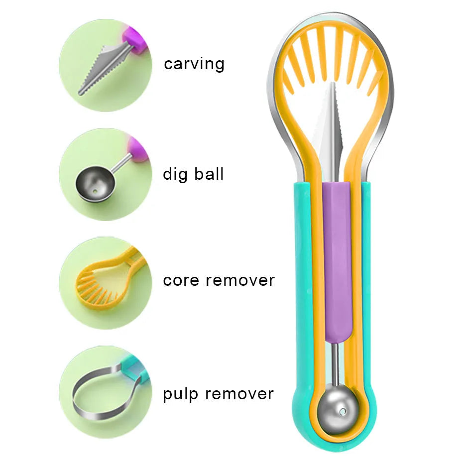 3-in-1 fruit carving knife set with melon baller, V-shaped carver, and scoop nested together on a kitchen counter