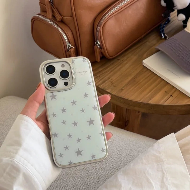 Blue epoxy phone case with five-pointed star pattern and electroplated silver edge for iPhone 15 Pro Max