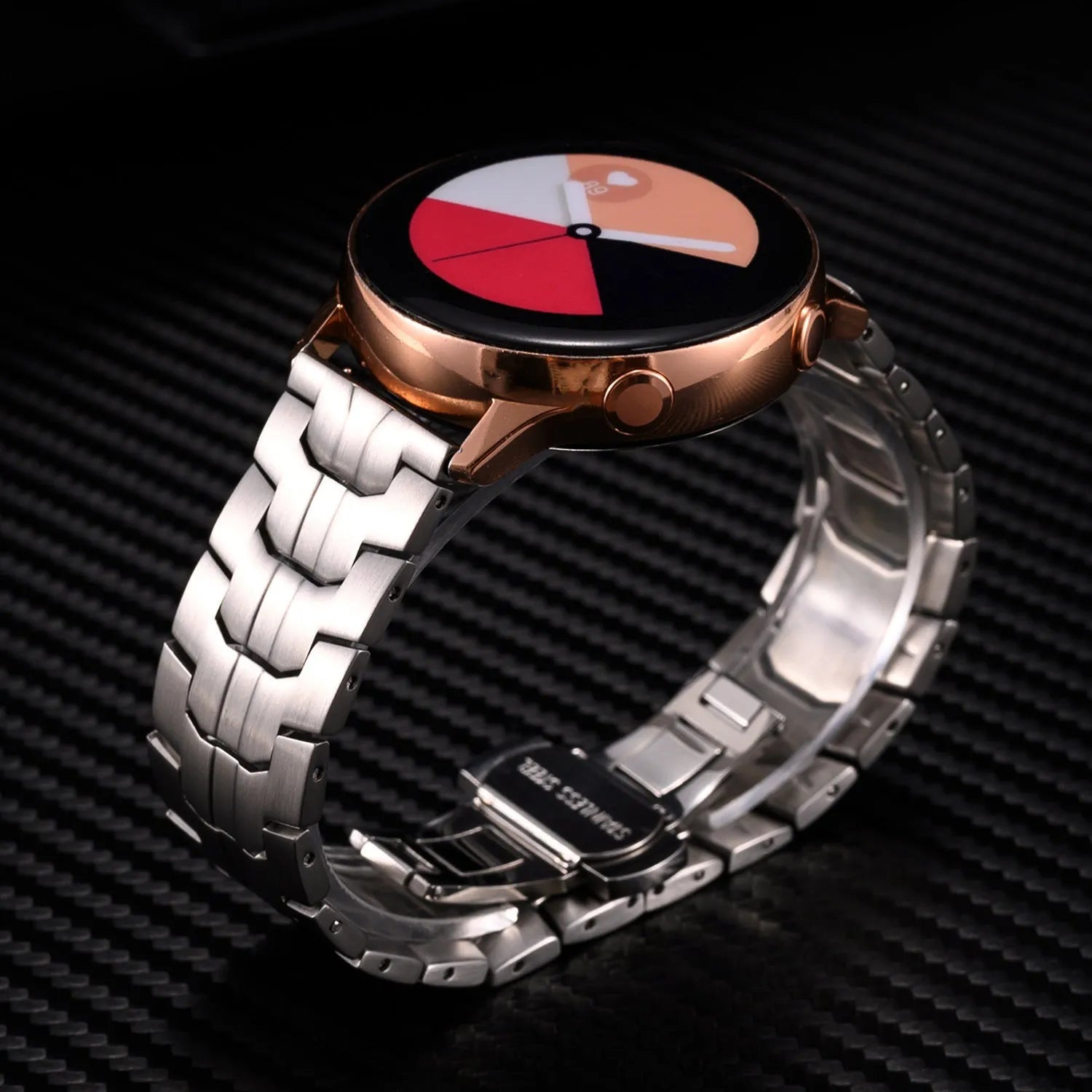 Stainless steel replacement watch strap for Samsung Galaxy Watch 7, 6, and 5 models.
