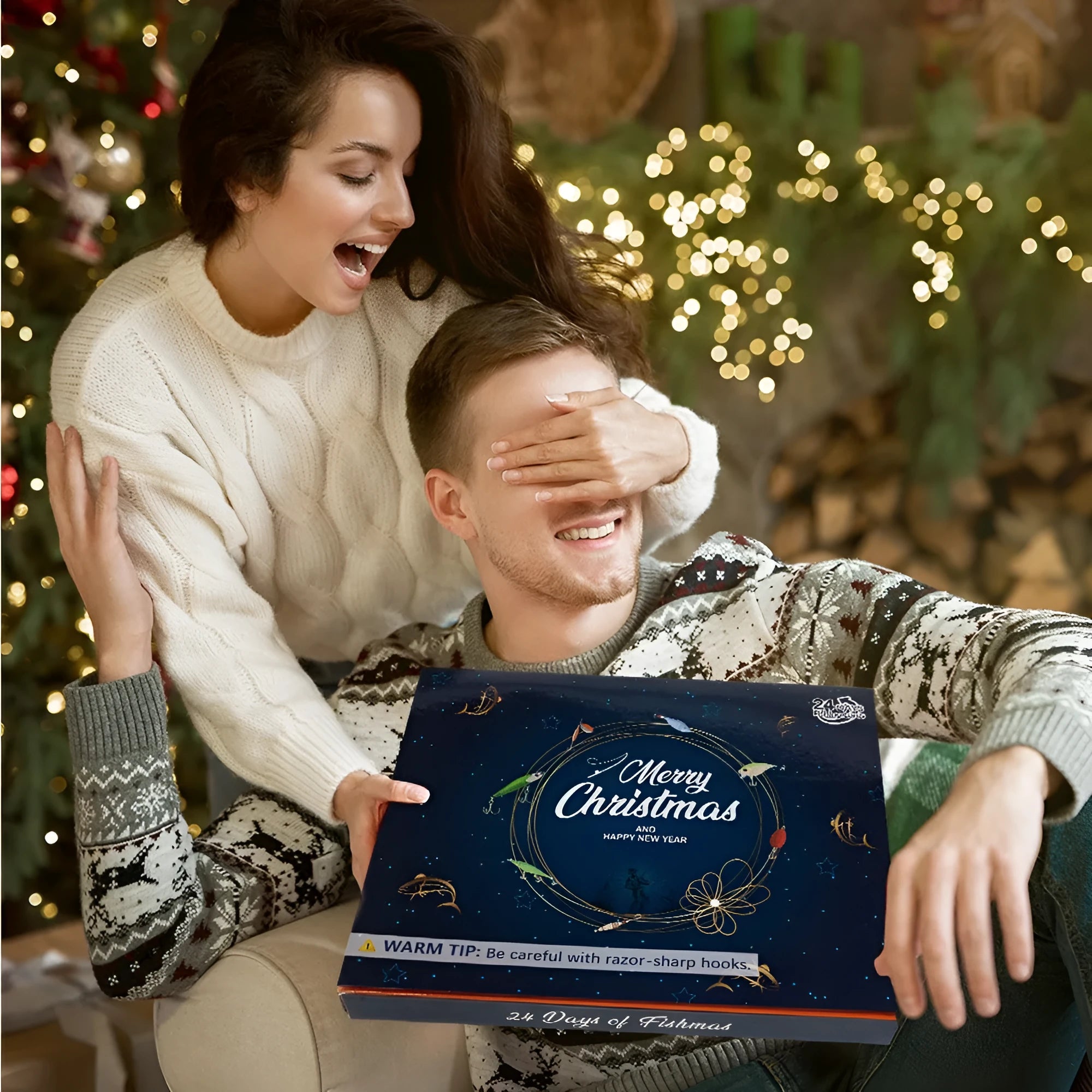 Closed blind box containing a 24-piece metal Christmas Mino Bog fishing set with tackle.