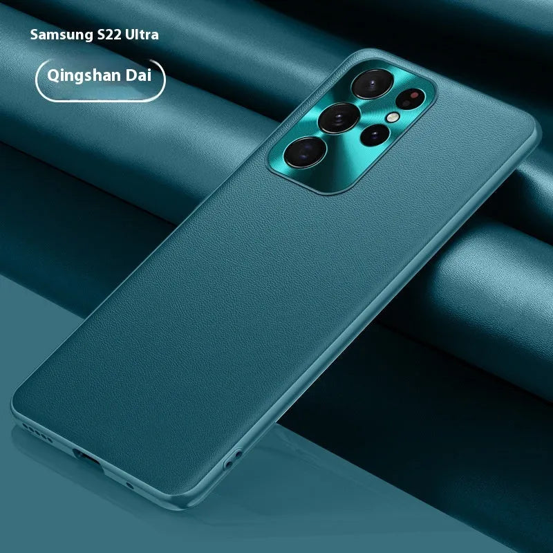 Plain metal lens leather texture TPU phone case for Samsung S24, back view, Danxia Orange colour