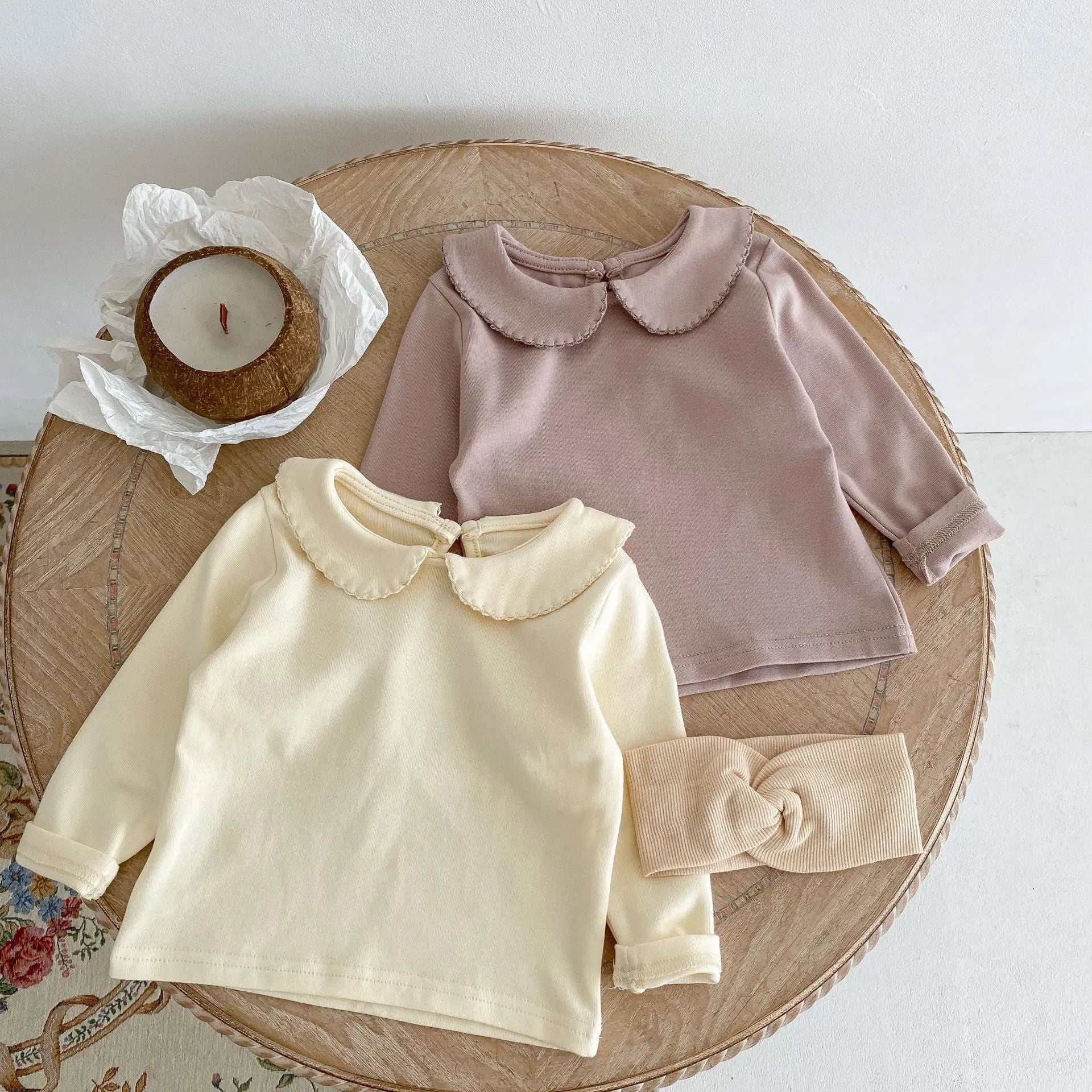 Peter Pan collar long-sleeve top and trousers cotton two-piece children's suit in apricot and mud powder