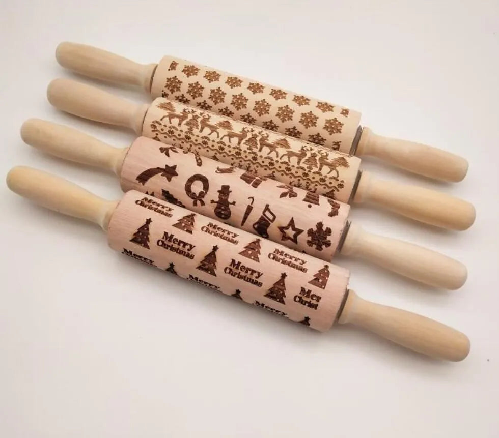 45cm long wooden rolling pin with embossed Christmas patterns like reindeer and snowflakes for baking.