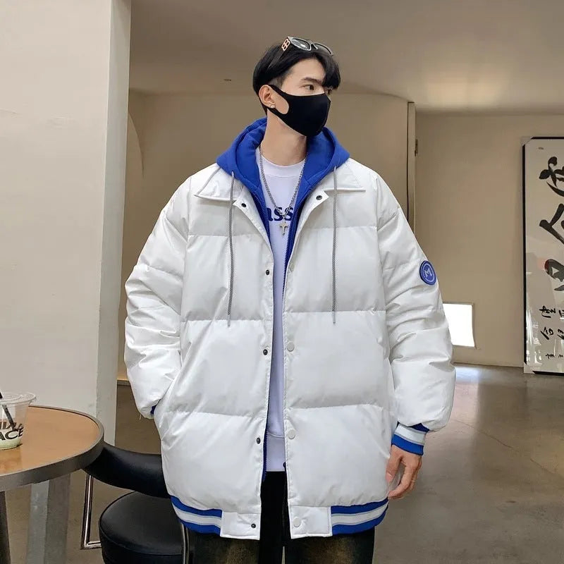 New white duck down thickened warm couple coat in white with polyester shell and connecting casing design