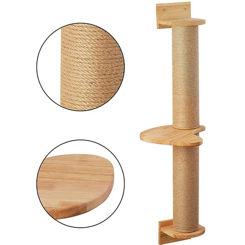 Wall-mounted wooden cat jumping platform with flax cordage scratching post