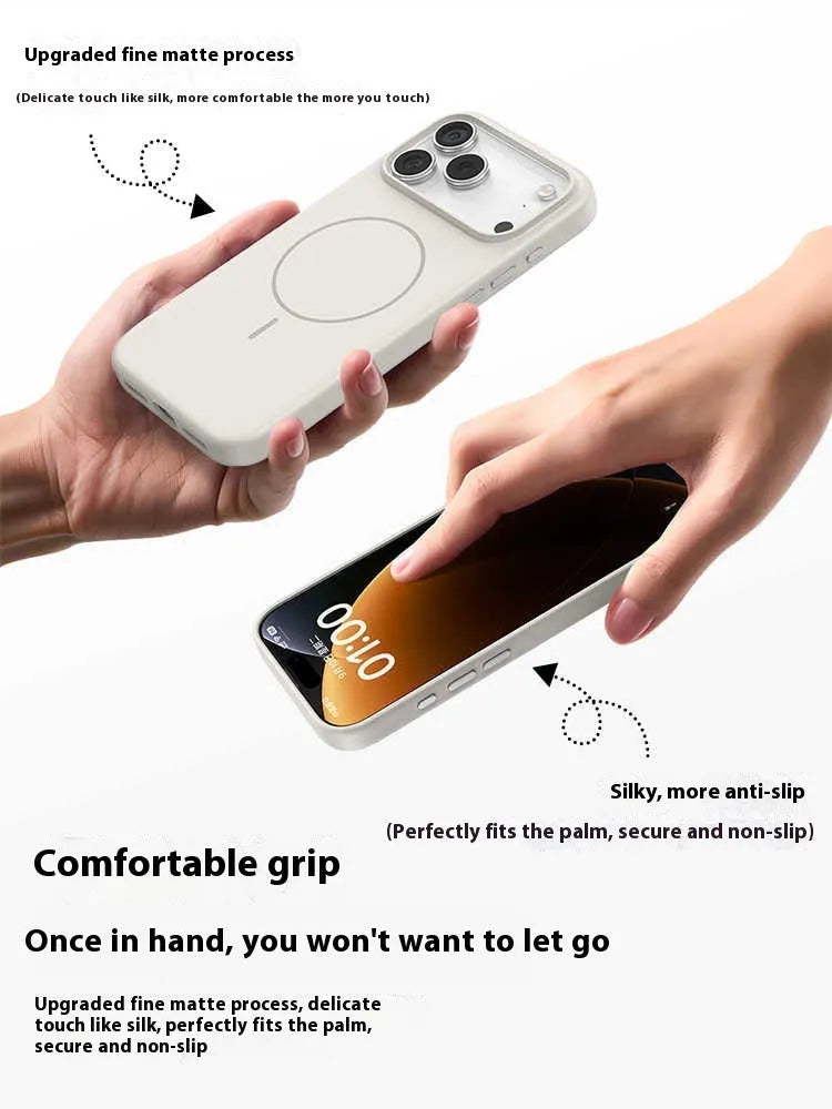 Frosted magnetic protective case for iPhone 17 series in black, showing raised camera lip and simple design.