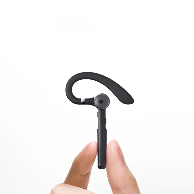 Black mono Bluetooth headset with a hanging ear hook design, shown on a grey background.