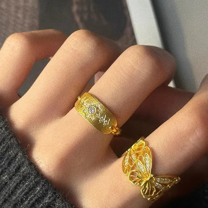 Ancient Faralis Hexagram Point Diamond Ring open mouth adjustable copper ring in gold geometric Korean style