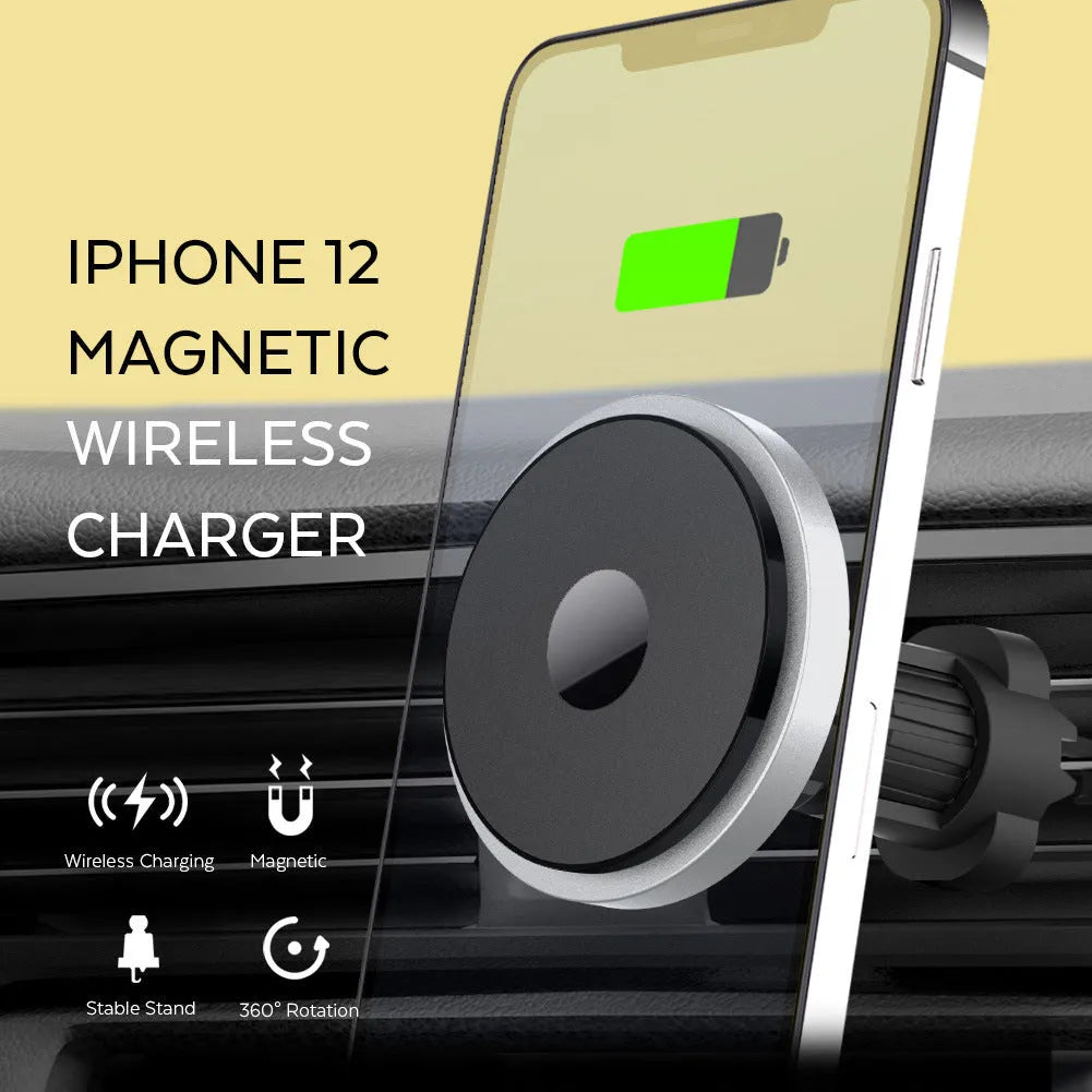 Magnetic wireless car charger for iPhone 12, aluminium alloy body, black silver gold border, 64mm diameter