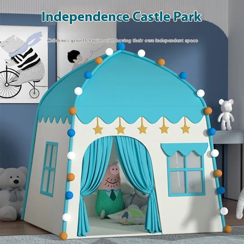 Children's Oxford cloth play tent in Blue Castle, Sweet House, Space blue or pollen design with optional light string
