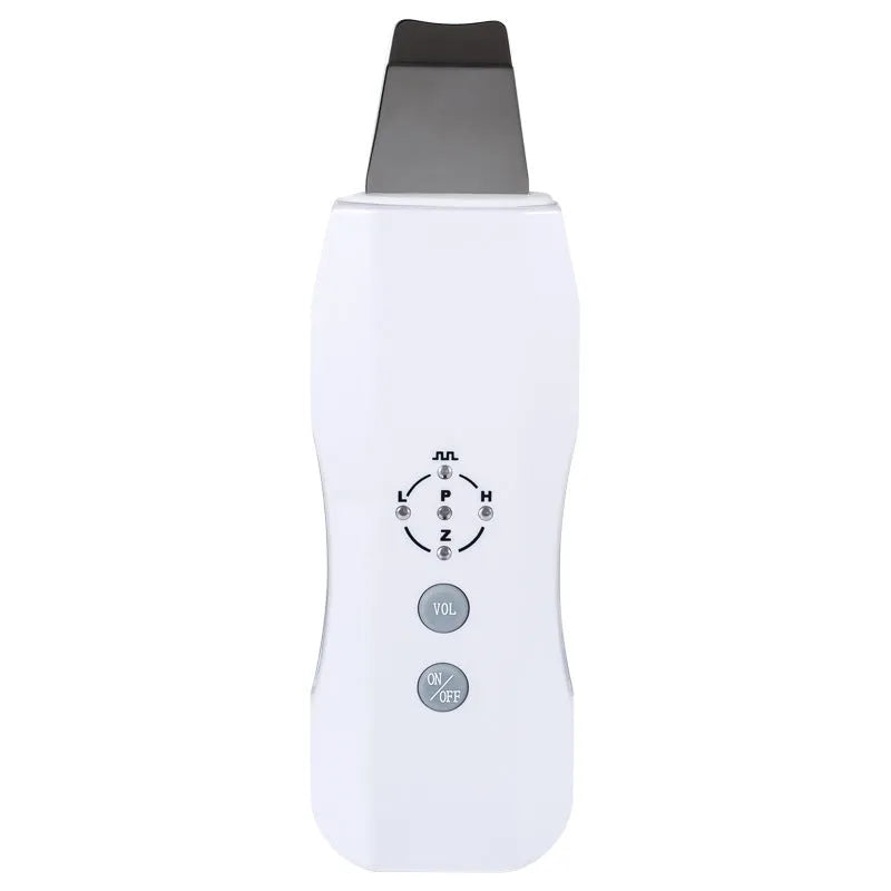 White ultrasonic facial cleanser with stainless steel head, 175x45x20mm, ABS body, EU/US plug