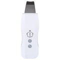 White ultrasonic facial cleanser with stainless steel head, 175x45x20mm, ABS body, EU/US plug