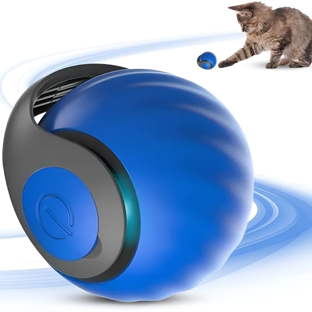 Blue and red rechargeable self-moving interactive ball toy for indoor cats and dogs on a plain background.