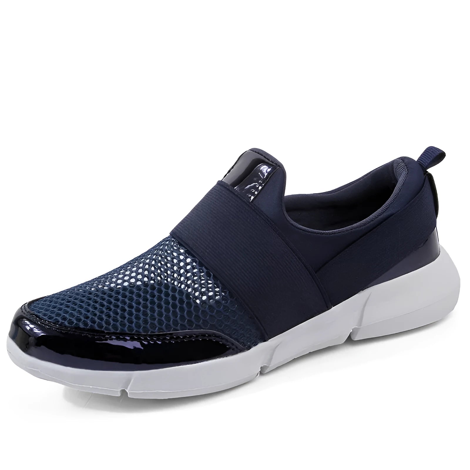 Low-cut blue, black, and grey women's sneakers with a mesh interior on a plain background.