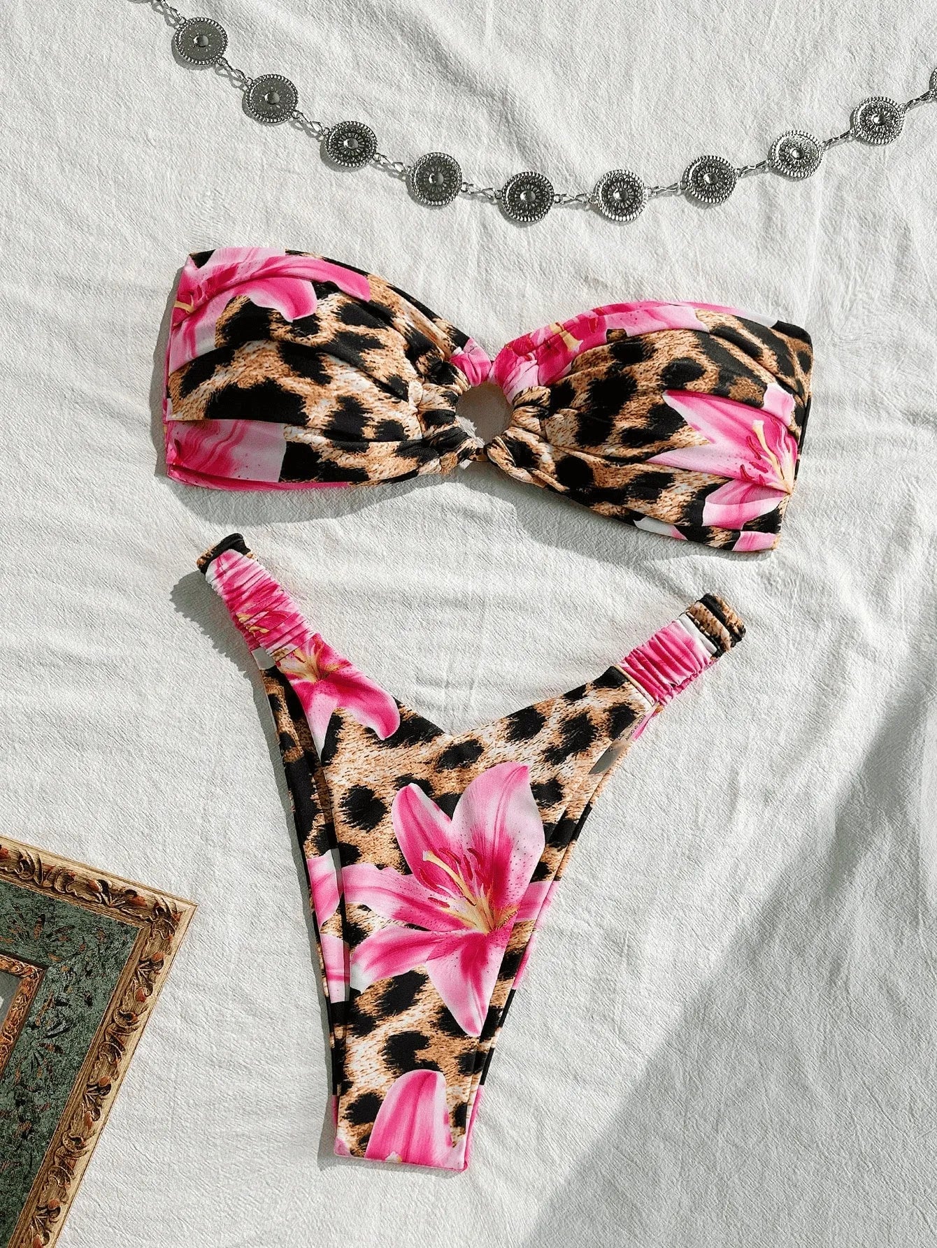 Women's tube top split bikini swimsuit in pink leopard print, polyester, sizes S to XL for swimming and wading