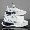 Low top youth sneaker with rotating button fastener in light blue, black, or white and blue colourways.