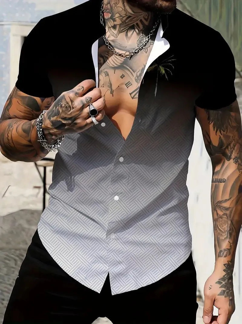 Men's geometric line print short sleeve shirt in slim fit polyester fabric