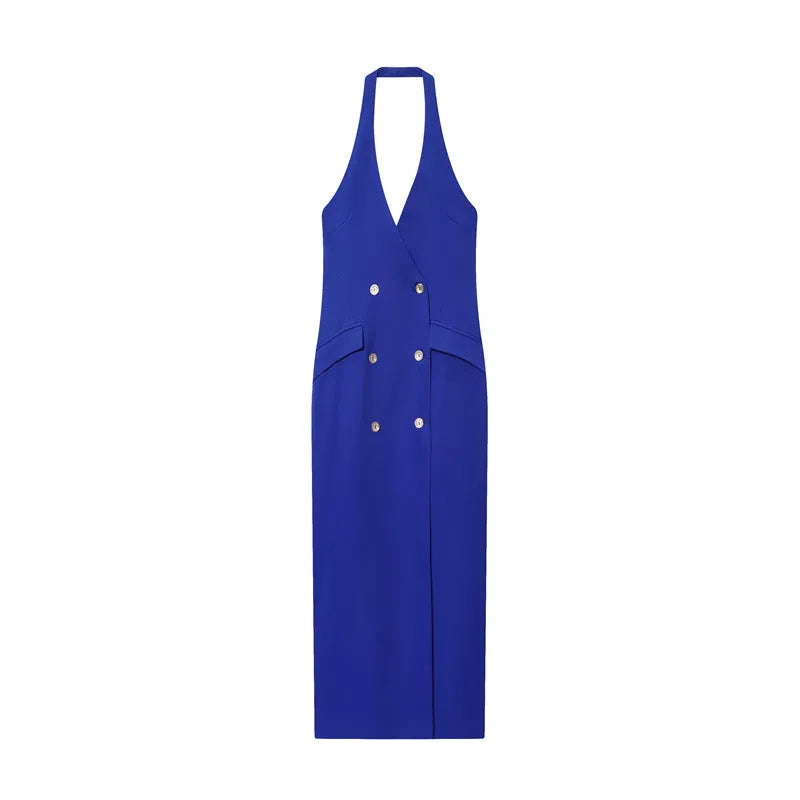 Blue knitted midi dress with hooded cross neck, long sleeves, mid waist, and pleated irregular skirt in striped check pattern.