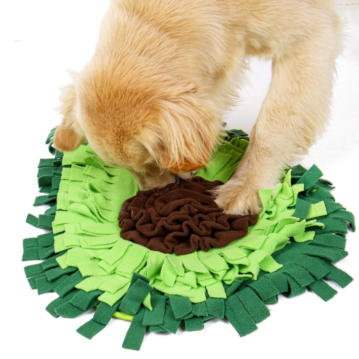 Green avocado-shaped dog sniffing mat with polar fleece strips on non-slip base, 69x53cm size for dogs and rabbits