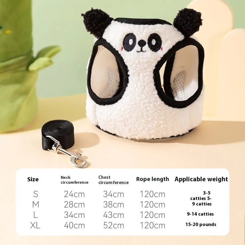 Animal-shaped lambswool dog lead and chest back set with hand-holding rope in pink or white panda and bear designs