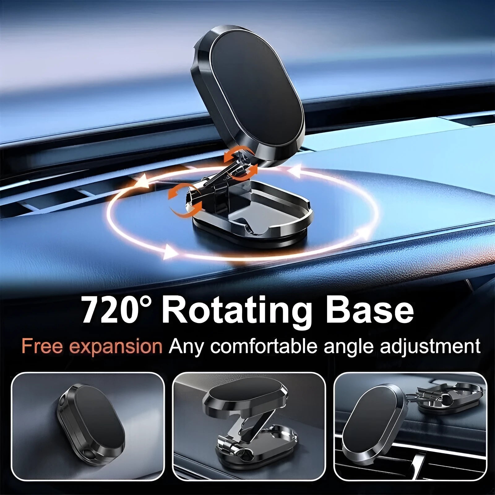 Chrome magnetic car phone holder with foldable bracket on dashboard showing 360-degree rotation