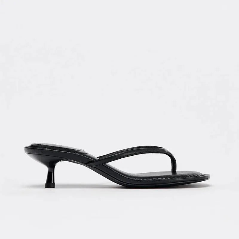 Round toe high heel flip-flops sandals in khaki colour with flip-toe opening and mid heel