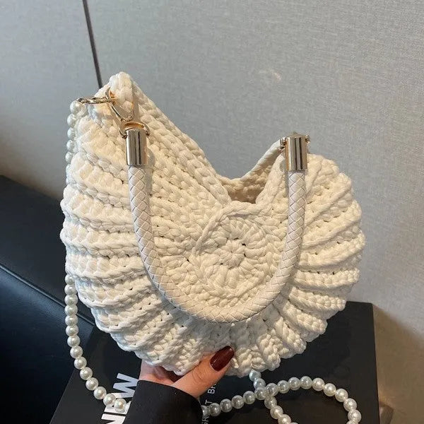 Women's handmade woven cloth bag with double straps and phone compartment in European American retro style