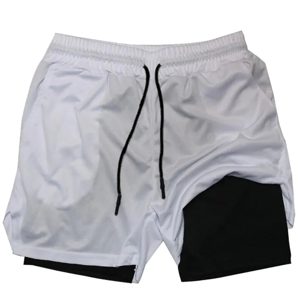 Men's camouflage pattern double-layer sports shorts in quick-dry fabric on a plain background.